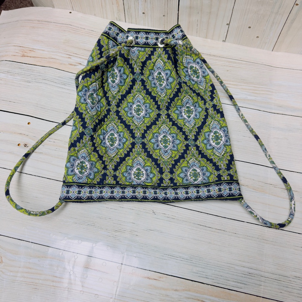 Vera Bradley Green Blue Cambridge quilted drawstring backpack Tote purse Retired